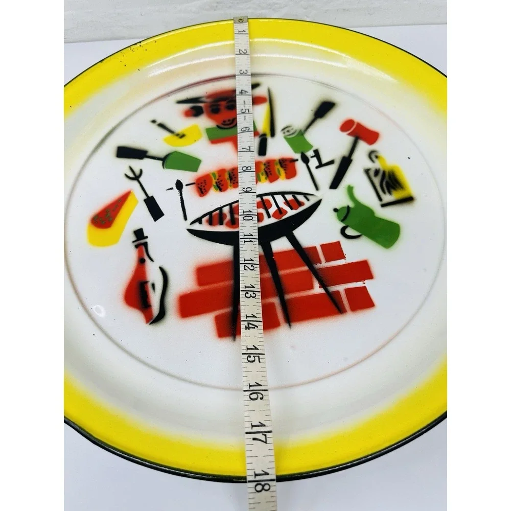Vintage 1960's Round Colorful Enamel Tin‎ BBQ Large Serving Platter Tray MCM